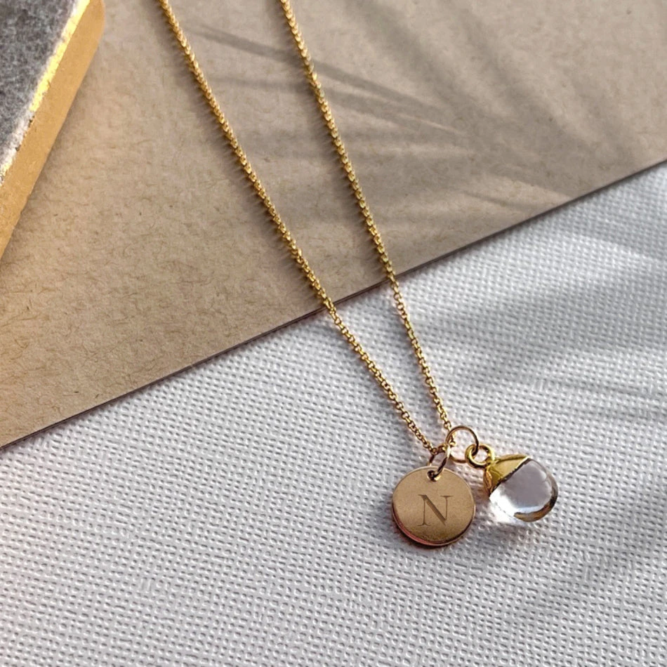 Personalised Gold Initial Necklace – Teardrop Clear Quartz – Dainty Jewellery Gift For Her(Initial Teardrop Clear Quartz Necklace Gold) 1 Personalised Gold Initial Necklace – Teardrop Clear Quartz – Dainty Jewellery Gift For Her(Initial Teardrop Clear Quartz Necklace Gold)