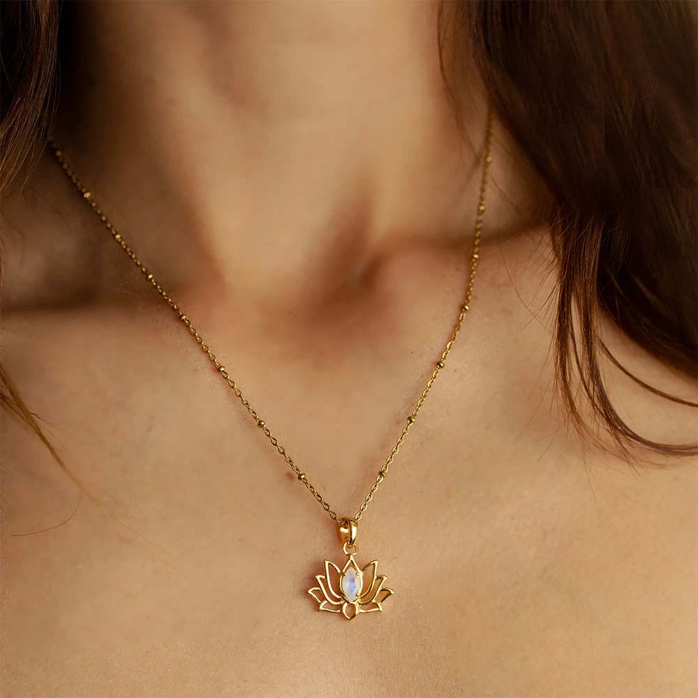Gold Vermeil Lotus Pendant Necklace With Rainbow Moonstone – Marquise Cut Centre(Gold Vermeil Lotus Pendant Necklace With Rainbow Moonstone Marquise Cut Centre) 2 Gold Vermeil Lotus Pendant Necklace With Rainbow Moonstone – Marquise Cut Centre(Gold Vermeil Lotus Pendant Necklace With Rainbow Moonstone Marquise Cut Centre) - Image 2