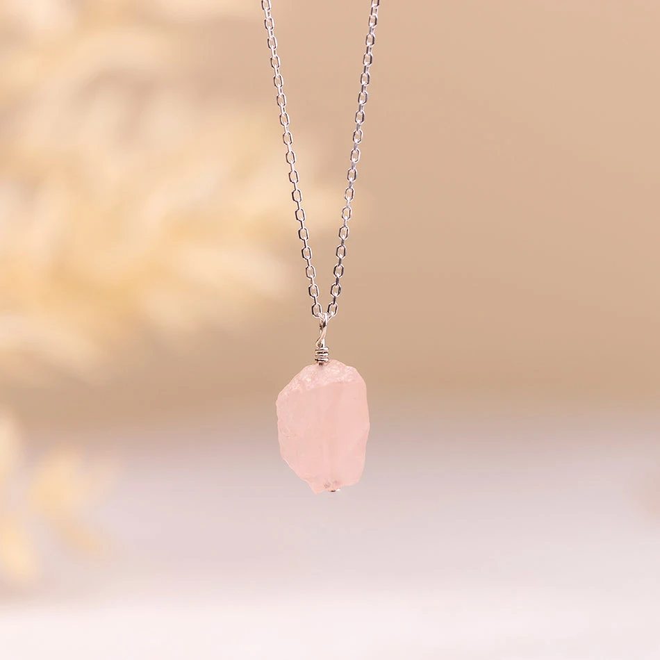 Raw Rose Quartz Necklace With Threaded Pendant(Natural Rose Quartz Necklace) 1 Raw Rose Quartz Necklace With Threaded Pendant(Natural Rose Quartz Necklace)
