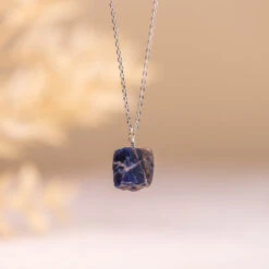 Raw Sodalite Necklace - Threaded Crystal Pendant On Sterling Silver Chain(Natural Sodalite Necklace)