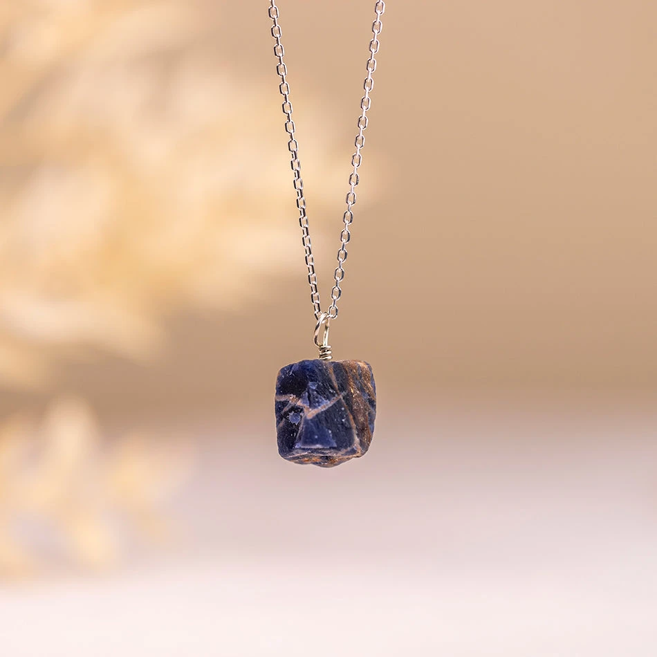 Raw Sodalite Necklace - Threaded Crystal Pendant On Sterling Silver Chain(Natural Sodalite Necklace) 1 Raw Sodalite Necklace - Threaded Crystal Pendant On Sterling Silver Chain(Natural Sodalite Necklace)