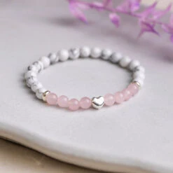 White Howlite And Rose Quartz Gemstone Bracelet With Silver Heart(White Howlite And Rose Quartz Bracelet)