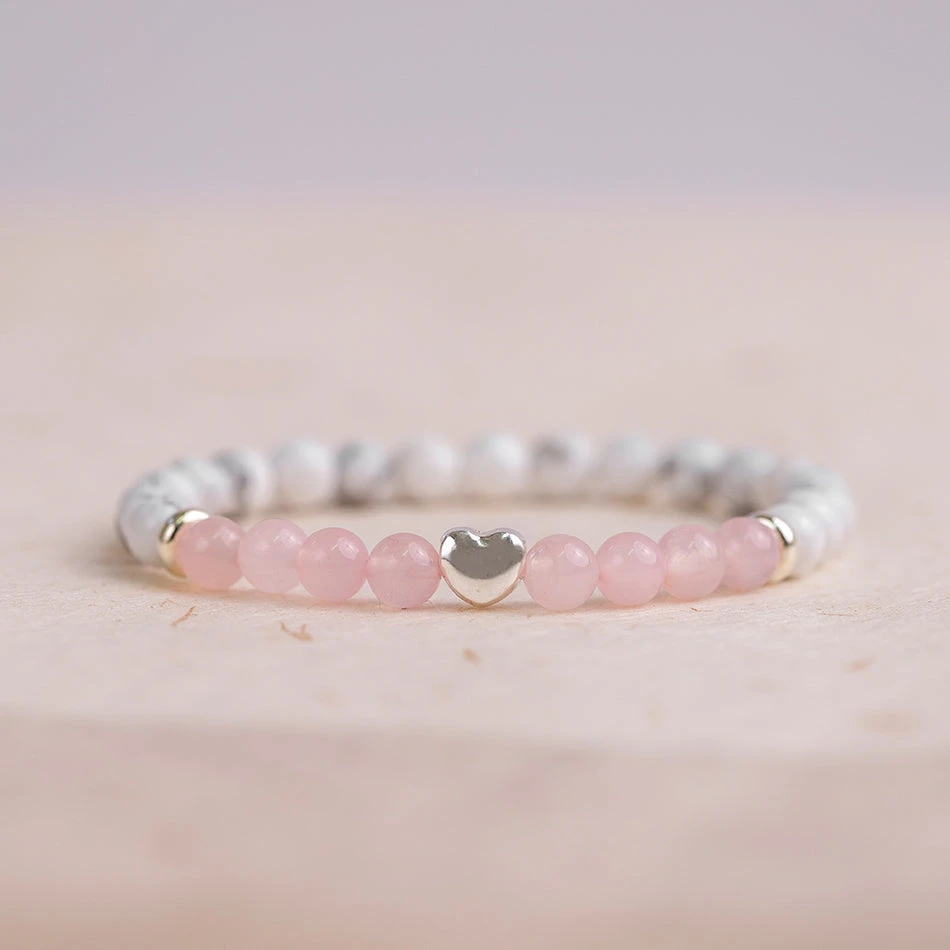 White Howlite And Rose Quartz Gemstone Bracelet With Silver Heart(White Howlite And Rose Quartz Bracelet) 2 White Howlite And Rose Quartz Gemstone Bracelet With Silver Heart(White Howlite And Rose Quartz Bracelet) - Image 2