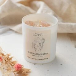 E, Self-Care & Healing | Soy Wax CandleRose Quartz Crystal Candle – Attract Love & Compassion | Handmade In UK(Crystal Candle With Rose Quartz Crystals)