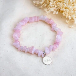 Personalised Rose Quartz Crystal Chip Bracelet With Engraved Charm(Rose Quartz Crystal Chip Bracelet)