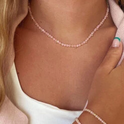 Rose Quartz Gemstone Choker – Gold Accent Crystal Necklace For Love & Self-Care(Rose Quartz Gemstone Necklace) -Djuna Jewelry Store rose quartz necklace