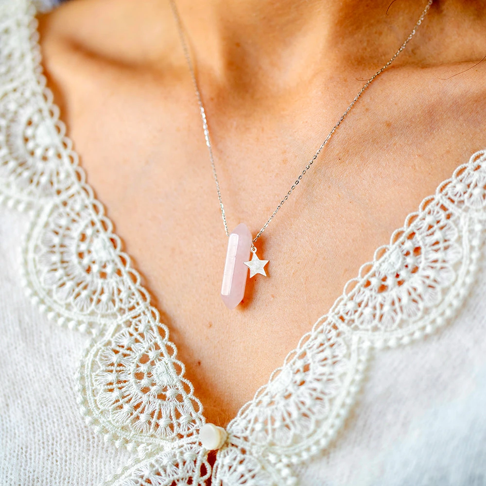 Rose Quartz Double Point Pendant Necklace With Gold Star(Rose Quartz Double Point Pendant Necklace With Gold) 2 Rose Quartz Double Point Pendant Necklace With Gold Star(Rose Quartz Double Point Pendant Necklace With Gold) - Image 2