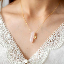 Rose Quartz Double Point Pendant Necklace With Gold Star(Rose Quartz Double Point Pendant Necklace With Gold)