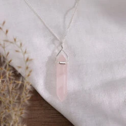 Rose Quartz Point Pendant – Sterling Silver Crystal Necklace(Rose Quartz Pillar Pendant)