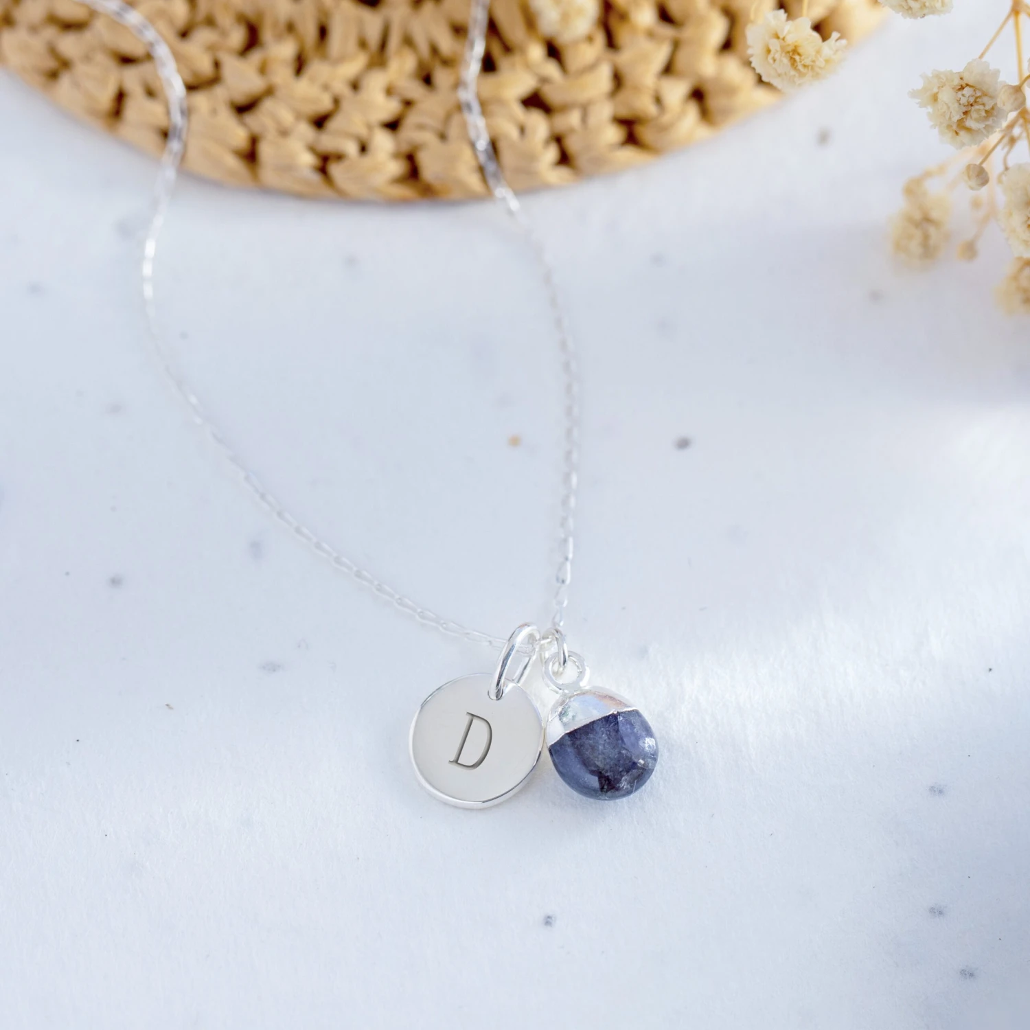 Sapphire Teardrop Necklace - Sterling Silver With Engraved Initial(Personalised Teardrop Sapphire Necklace Sterling Silver) 1 Sapphire Teardrop Necklace - Sterling Silver With Engraved Initial(Personalised Teardrop Sapphire Necklace Sterling Silver)