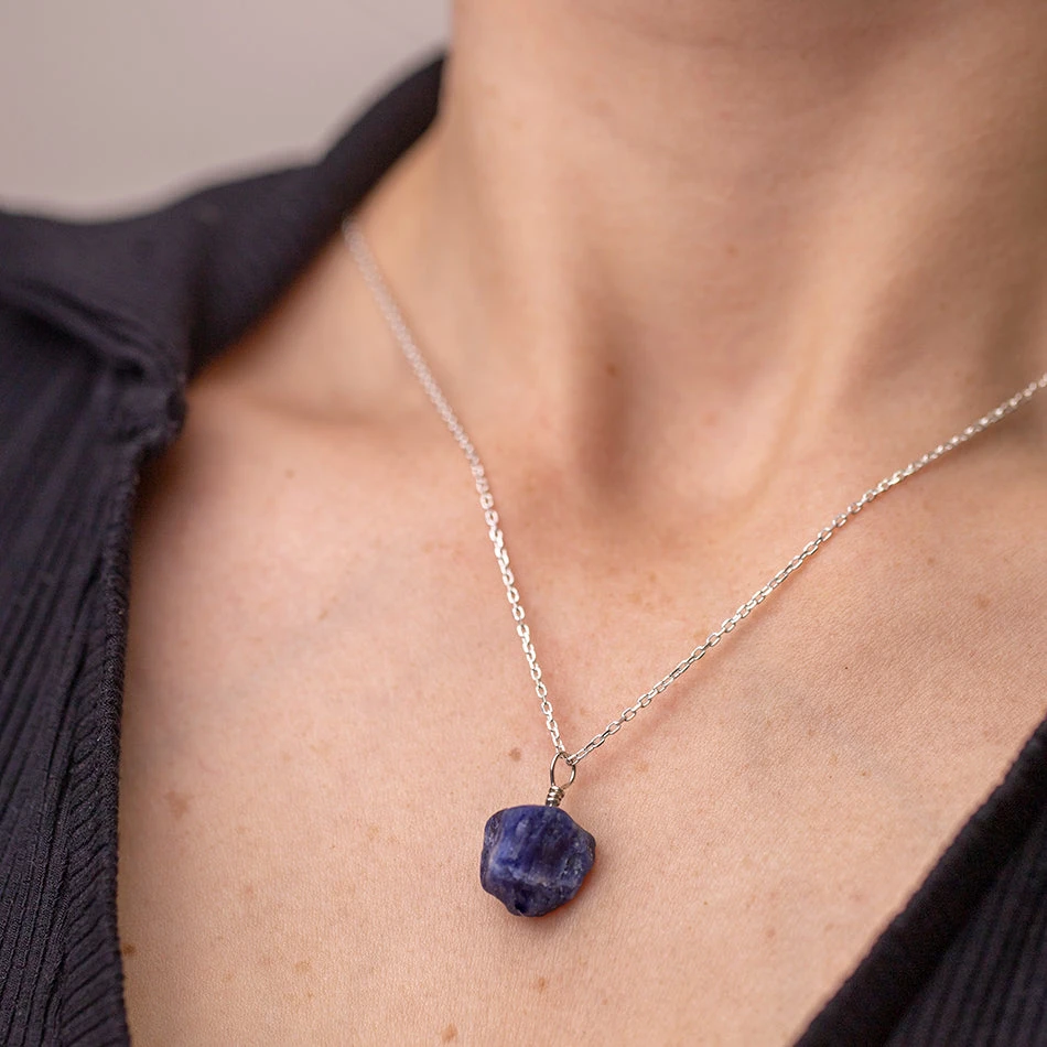 Raw Sodalite Necklace - Threaded Crystal Pendant On Sterling Silver Chain(Natural Sodalite Necklace) 2 Raw Sodalite Necklace - Threaded Crystal Pendant On Sterling Silver Chain(Natural Sodalite Necklace) - Image 2