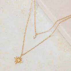 Layered Golden Starburst And Crystal Necklace - 22K Gold Plated(Layered Golden Starburst And Crystal Necklace 22k Gold Plated)