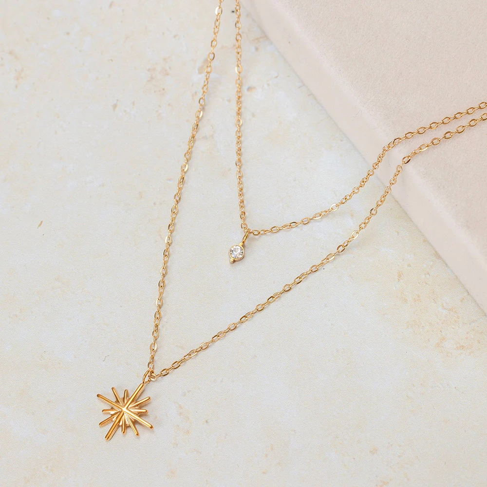 Layered Golden Starburst And Crystal Necklace - 22K Gold Plated(Layered Golden Starburst And Crystal Necklace 22k Gold Plated) 1 Layered Golden Starburst And Crystal Necklace - 22K Gold Plated(Layered Golden Starburst And Crystal Necklace 22k Gold Plated)