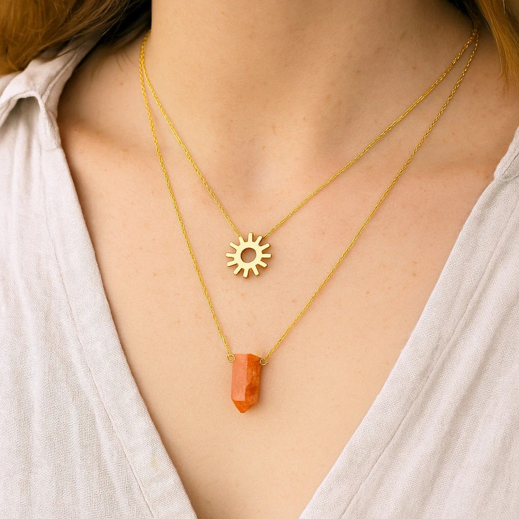 Layered Gold Necklace Set – Sun Salutation Sunstone Sun Pendant(Sun Salutation Necklace Set Sunstone) 3 Layered Gold Necklace Set – Sun Salutation Sunstone Sun Pendant(Sun Salutation Necklace Set Sunstone) - Image 3