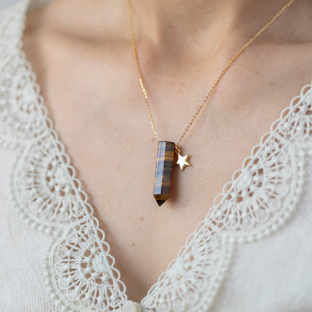 Tiger Eye Double Point Pendant Necklace With Gold Star(Tiger Eye Floating Point Necklace) 1 Tiger Eye Double Point Pendant Necklace With Gold Star(Tiger Eye Floating Point Necklace)