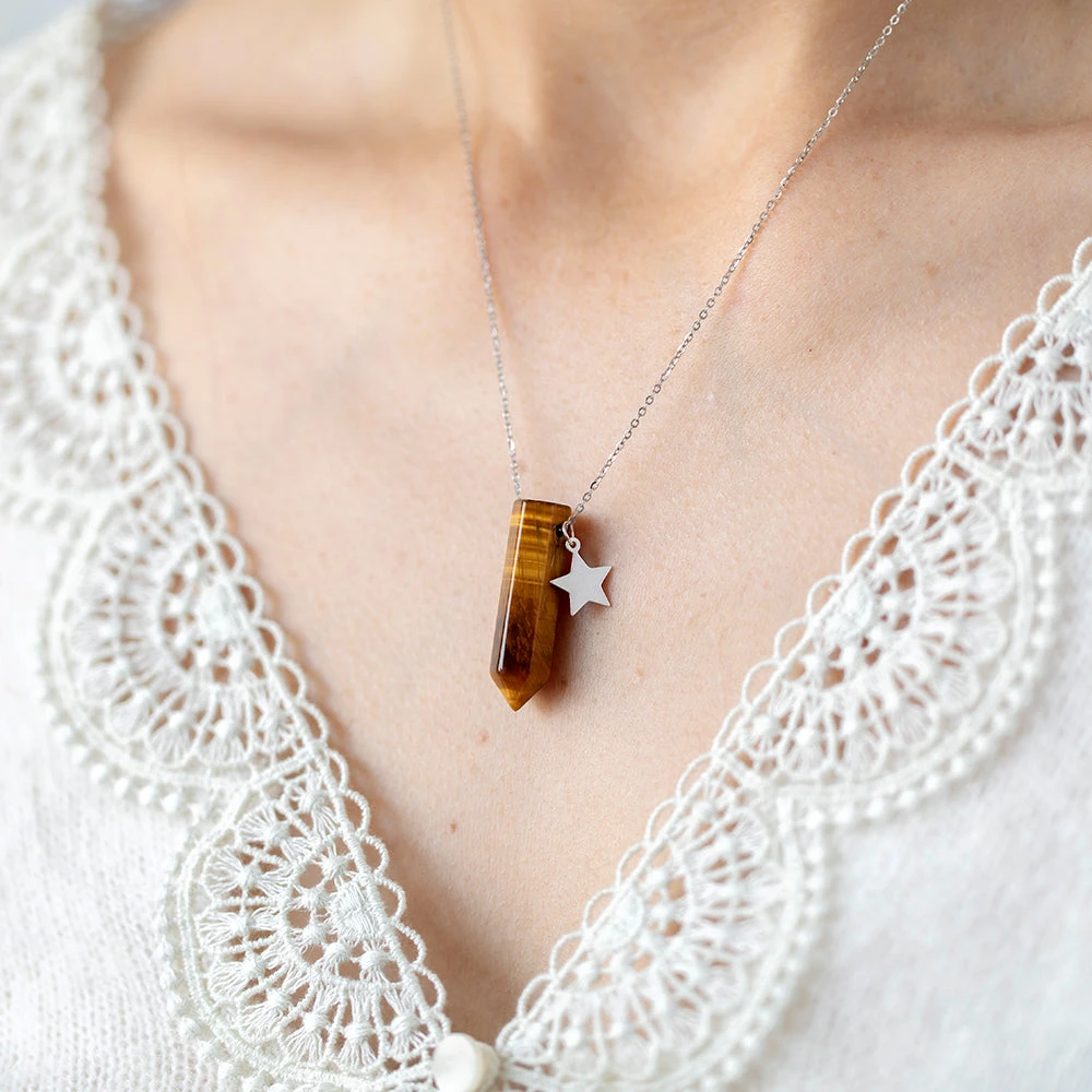 Tiger Eye Double Point Pendant Necklace With Gold Star(Tiger Eye Floating Point Necklace) 2 Tiger Eye Double Point Pendant Necklace With Gold Star(Tiger Eye Floating Point Necklace) - Image 2