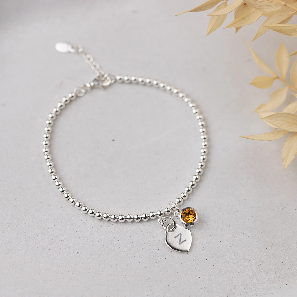 Personalised November Birthstone Bracelet - Topaz Crystal & Sterling Silver With Heart Charm(Personalised November Birthstone Bracelet Topaz Crystal) 1 Personalised November Birthstone Bracelet - Topaz Crystal & Sterling Silver With Heart Charm(Personalised November Birthstone Bracelet Topaz Crystal)