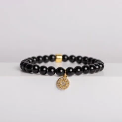 Black Tourmaline Gemstone Bracelet – Celestial-Themed Charm, Handmade Jewellery(Sunstar Charm Black Tourmaline Bracelet)