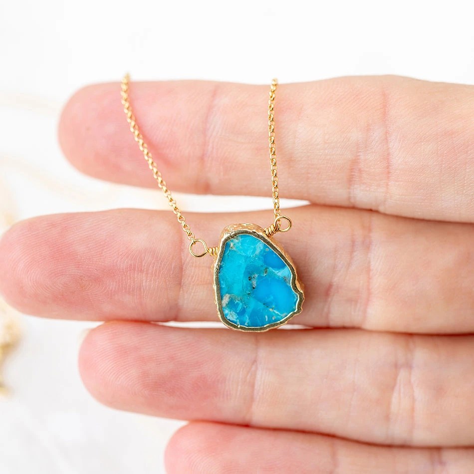 Raw Turquoise Slice Necklace – Natural Stone Pendant(Earth Wind And Fire Genuine Stone Necklace Gold Turquoise) 3 Raw Turquoise Slice Necklace – Natural Stone Pendant(Earth Wind And Fire Genuine Stone Necklace Gold Turquoise) - Image 3