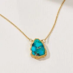 Raw Turquoise Slice Necklace – Natural Stone Pendant(Earth Wind And Fire Genuine Stone Necklace Gold Turquoise)