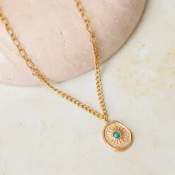 Sunburst Turquoise Pendant Necklace – Gold Chunky Chain – Natural Stone(Sunburst Turquoise Pendant Necklace Gold Chunky Chain Natural Stone)