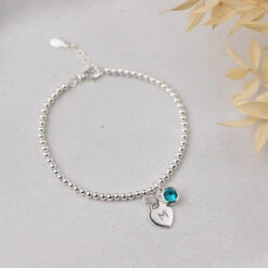 Personalised December Birthstone Bracelet - Blue Zircon Crystal & Sterling Silver With Heart Charm(Personalised December Birthstone Bracelet Blue Zircon Crystal)